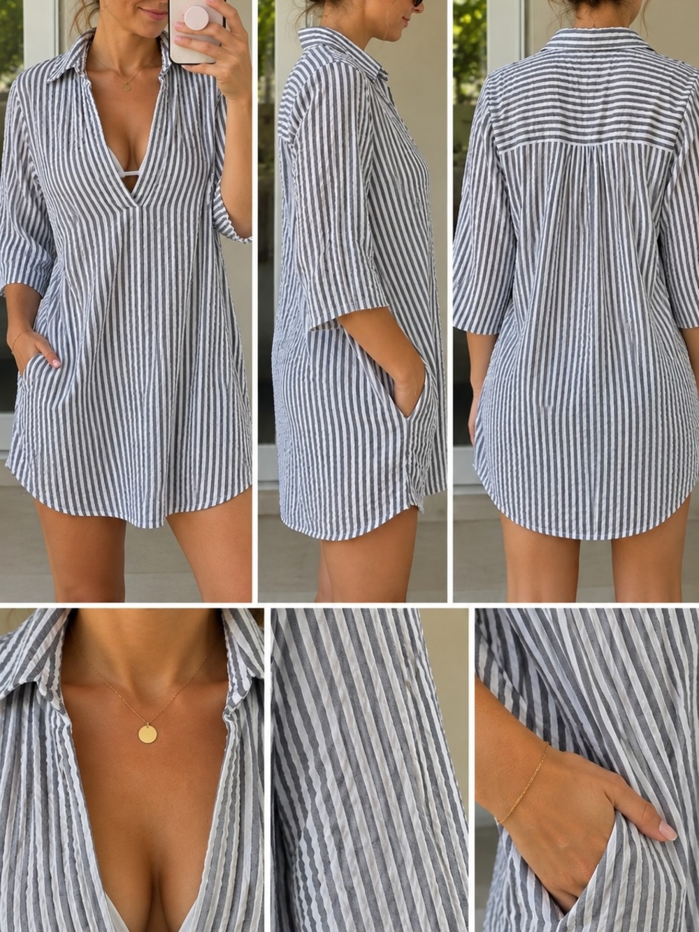 Striped V-Neck Tunic Cover Up Gray and White